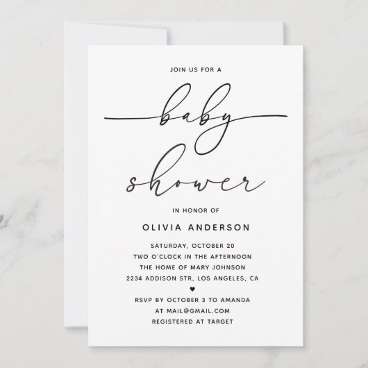 Invitation Minimalist Simple Baby Shower. Modern Clean Script (Devant)