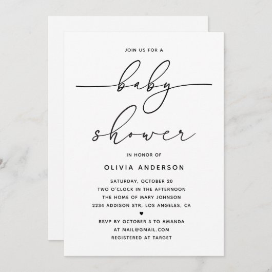 Invitation Minimalist Simple Baby Shower. Modern Clean Script (Devant / Derrière)