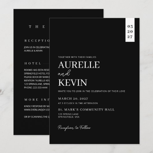 Invitation Minimalist Simple Elegant Black QR Code Wedding (Devant / Derrière)