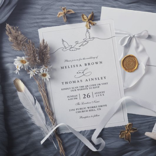 Invitation Minimalist Simple Lovely Dove Chic QR Code Wedding