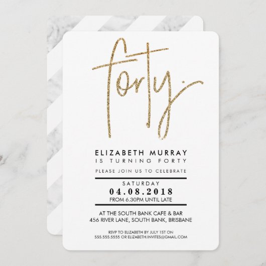 Invitation MINIMALIST simple parties scintillant or 40e QUARA (Devant / Derrière)