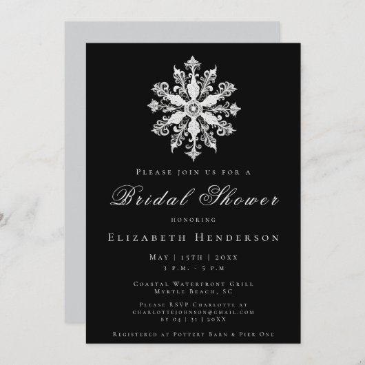 Invitation Minimalist Snowflake Bridal Shower | Black (Devant / Derrière)