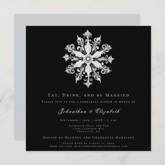 Invitation Minimalist Snowflake Rehearsal Dinner | Black (Devant / Derrière)