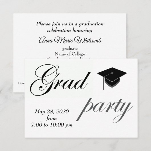 Invitation Minimalist Text College Graduation Party  (Devant / Derrière)
