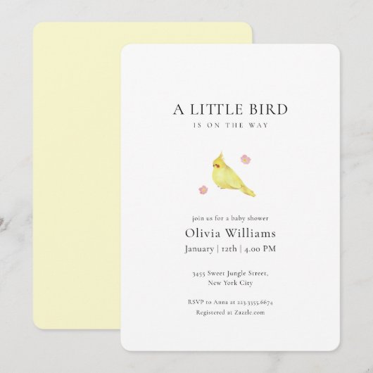 Invitation Minimalist Tiny Floral Bird Baby Shower  (Devant / Derrière)