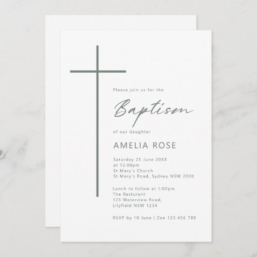 Invitation Minimalist Typography cross baptism (Devant / Derrière)