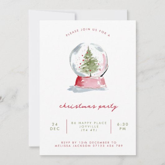 Invitation Minimalist Watercolor Snow Globe Christmas Party (Devant)