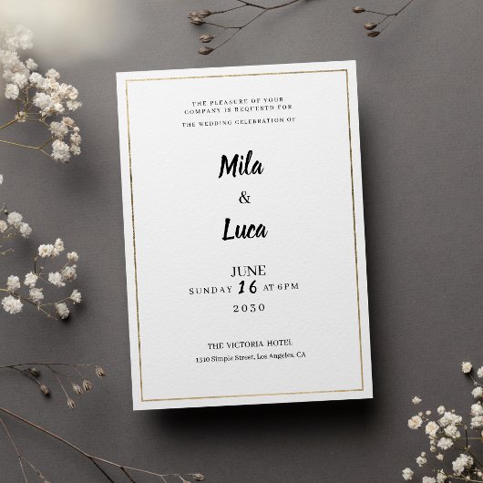 Invitation Minimalist white and gold typography Wedding