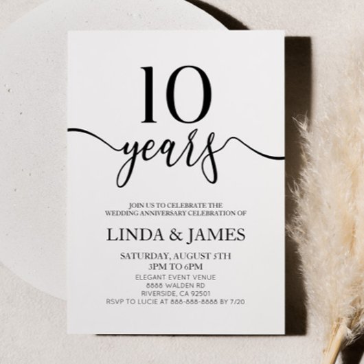 Invitation Minimalist White Black 10th Wedding Anniversary