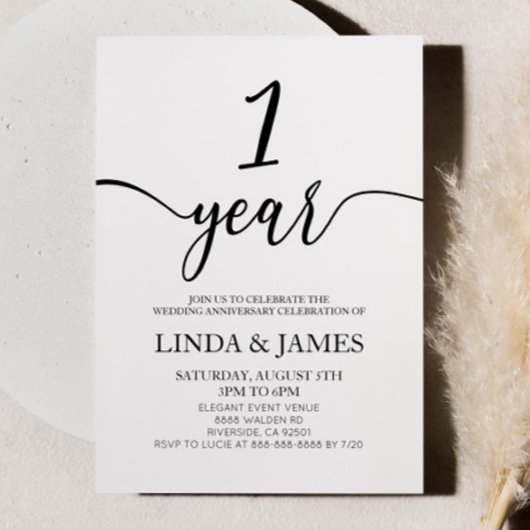 Invitation Minimalist White Black 1st Wedding Anniversary