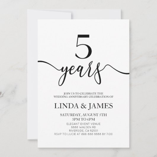 Invitation Minimalist White Black 5th Wedding Anniversary (Devant)