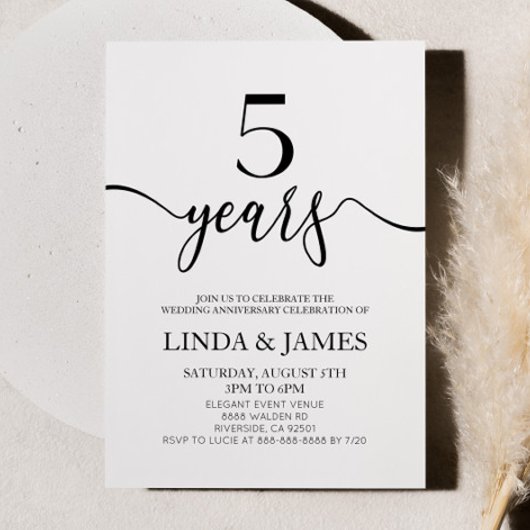 Invitation Minimalist White Black 5th Wedding Anniversary