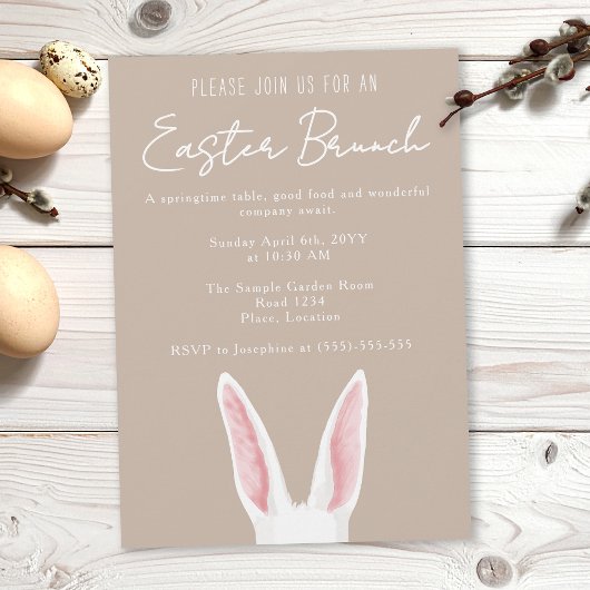 Invitation Minimalist White Bunny Ears Beige Easter Brunch