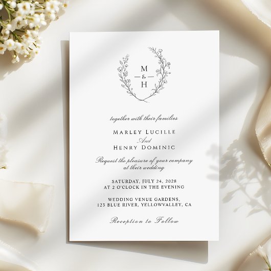 Invitation Minimalist Wildflower Wreath Boho Monogram Wedding