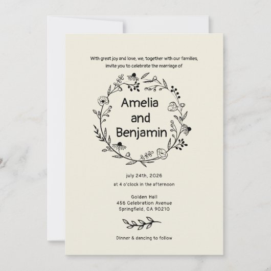 Invitation minimalist Wildflower Wreath Folk Rustic Wedding  (Devant)