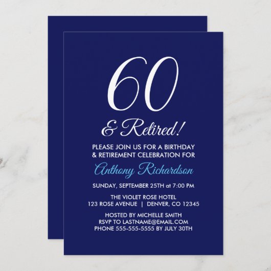 Invitation Minimaliste 60 ans et retraité Retraite Violet fon (Devant / Derrière)