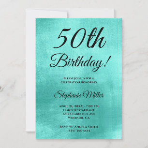 Invitation Minimaliste Anniversaire Turquoise Feuille Brillan