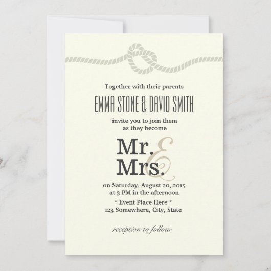 Invitation Minimaliste attachant le mariage nautique de noeud (Devant)