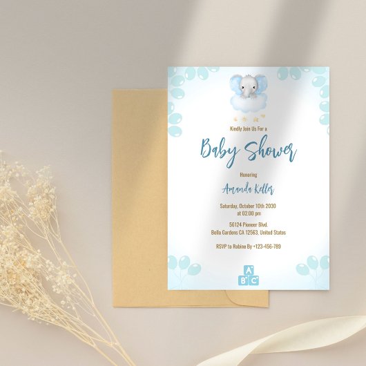 Invitation minimaliste Baby shower bébé éléphant