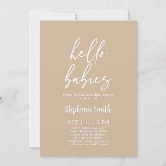 Invitation minimaliste Baby shower Twins Beige (Devant)