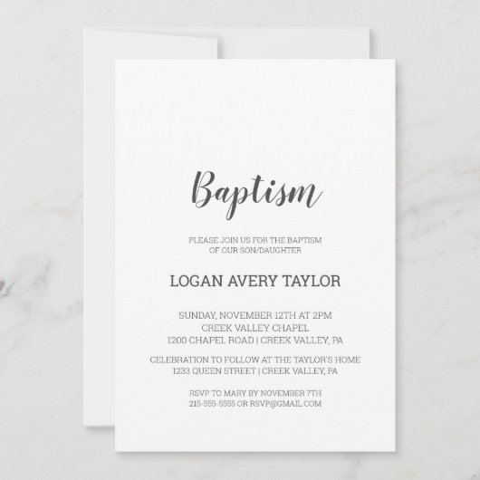Invitation minimaliste Baptême bébé (Devant)
