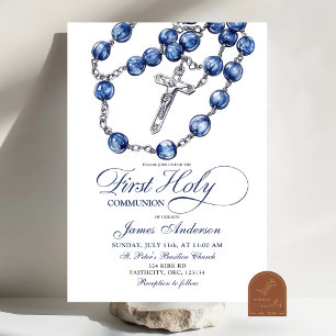 Invitation minimaliste Baptême Garçon Rosaire Bleu