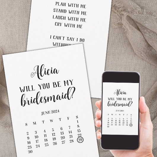 Invitation Minimaliste Be My Bridesmaid Calendrier Propositio