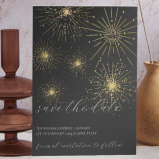 Invitation Minimaliste Black and Gold Fireworks Enregistrer l