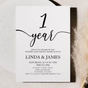 Invitation Minimaliste Blanc Noir 1er Anniversaire de Mariage