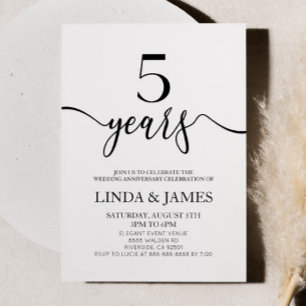 Invitation Minimaliste Blanc Noir 5e Anniversaire de Mariage