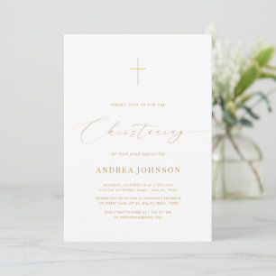 Invitation Minimaliste blanc & or Élégant Christening Script