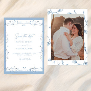 Invitation Minimaliste Bleu Poussiéreux Chinoiserie Floral En