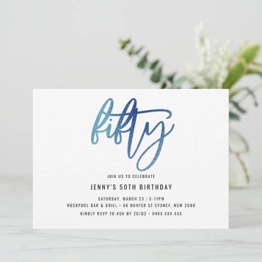 Invitation Minimaliste Blue Foil 50e anniversaire (Debout devant)