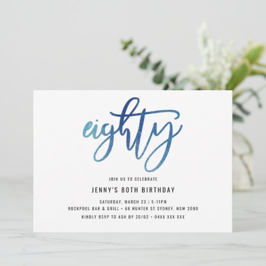 Invitation Minimaliste Blue Foil 80e anniversaire (Debout devant)