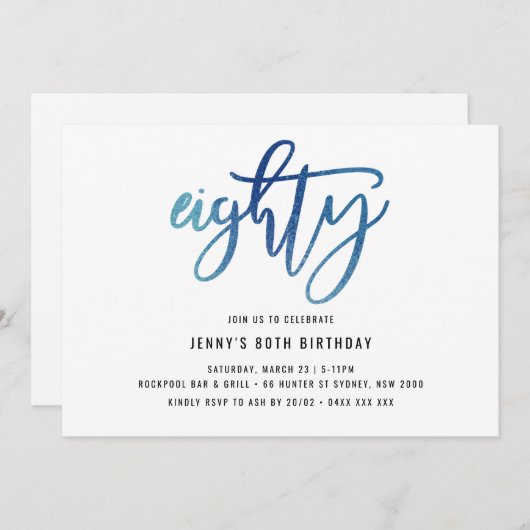 Invitation Minimaliste Blue Foil 80e anniversaire (Devant / Derrière)