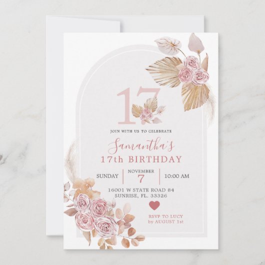 Invitation minimaliste Boho Pink Arch 17e annivers (Devant)