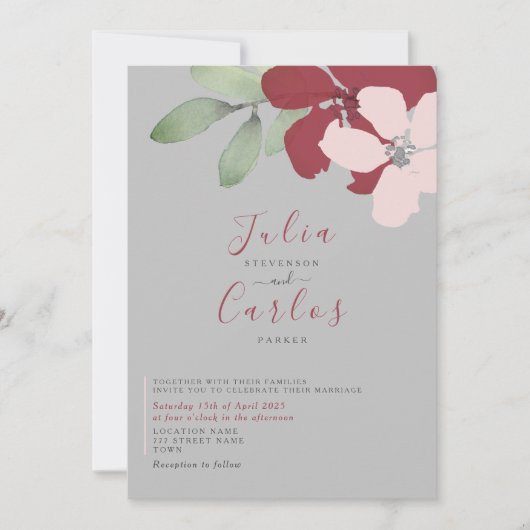 Invitation Minimaliste Bourgogne Florale Mariage (Devant)