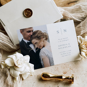 Invitation Minimaliste Chic Mariage Photo Blanc et Bleu Pou