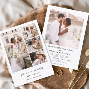 Invitation Minimaliste cinq photo blanc Mariage Élégant