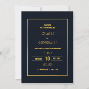 Invitation Minimaliste classique bleu marine mariage or