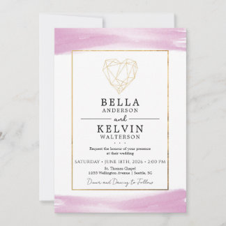 Invitation minimaliste cœur doré aquarelle violett