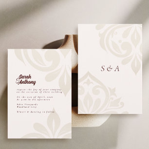 Invitation Minimaliste Crème Bourgogne Élégant Mariage Damass