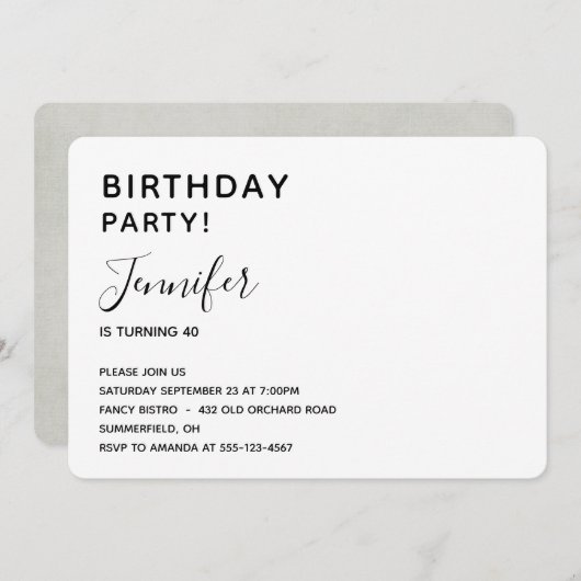 Invitation minimaliste d'anniversaire (Devant / Derrière)