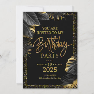 Invitation minimaliste d'anniversaire noir et or