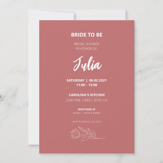 Invitation minimaliste de douche nuptiale rose (Devant)