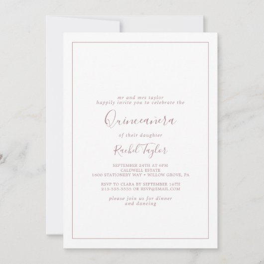 Invitation minimaliste du Rose Gold Quinceañera (Devant)
