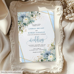 Invitation Minimaliste Dusty Blue Gold Flowers