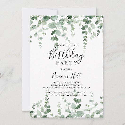 Invitation minimaliste Eucalyptus fête d'anniversa (Devant)