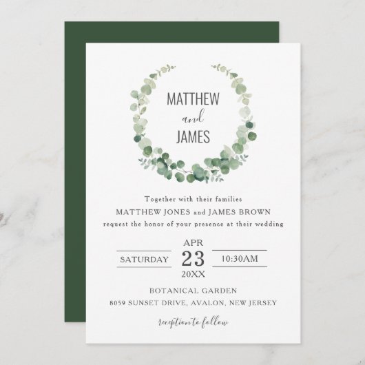 Invitation Minimaliste Eucalyptus Vert Mariage gay  (Devant / Derrière)