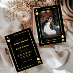 Invitation Minimaliste Gold Black Vegas Casino Mariage de pok<br><div class="desc">Surprenez vos amis et votre famille avec ces invitations de mariage modernes et élégantes avec des coeurs dégradés,  cadre doré,  photo personnalisée,  texte,  monogramme et site mariage. Ajoutez facilement vos détails en cliquant sur l'option "personnaliser".</div>